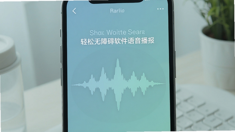 轻松无障碍软件语音播报功能界面展示,手机屏幕显示文字转语音波形动画,柔和的蓝绿色调,简洁无障碍设计风格