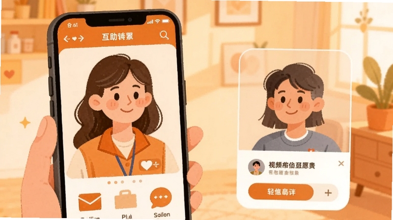 轻松无障碍志愿者视频连线场景插画,手机屏幕中显示志愿者头像与用户界面,温暖橙色调,体现互助与陪伴