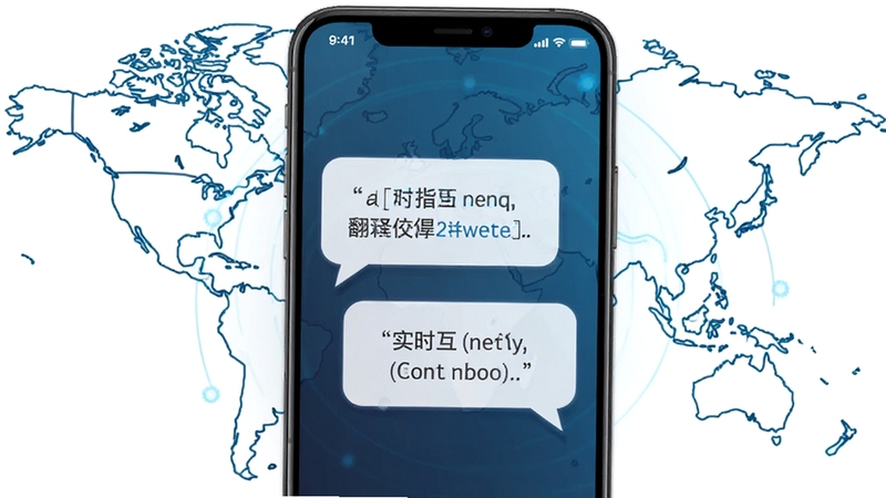 轻松无障碍软件翻译功能界面,手机屏幕展示中英文实时互译气泡,背景为世界地图简化线条,科技蓝色调