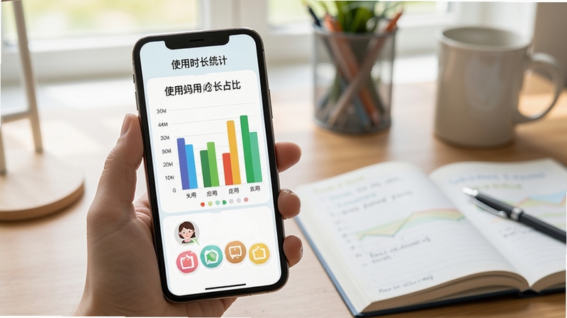 手机妈妈使用时长统计界面,手机屏幕显示彩色柱状图与环形图,标注不同应用的使用占比,画面风格清新简洁,背景为书桌与学习用品,突出时间管理主题