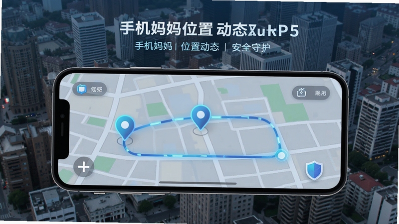 手机妈妈位置动态查看界面,手机屏幕显示地图与定位标记点,地图上有移动轨迹线条,画面风格现代科技感,背景为城市街区俯瞰图,体现安全守护主题