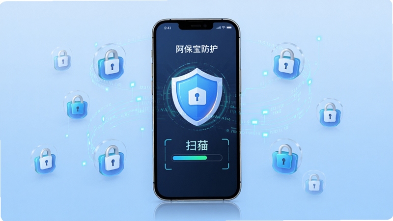 阿保宝 手机安全防护界面 主视觉图 手机屏幕显示安全盾牌与扫描进度 背景为浅蓝色科技感渐变 画面中央放置手机 周围环绕锁形图标与数据流线条 适配Boogu模型生成
