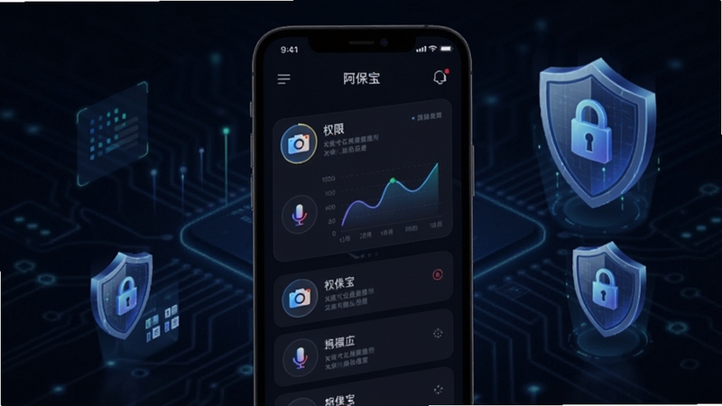 阿保宝 权限监控功能展示图 手机界面列出应用权限调用记录 摄像头麦克风图标高亮 背景为深色科技风格 数据图表与盾牌元素点缀 适配Boogu模型生成