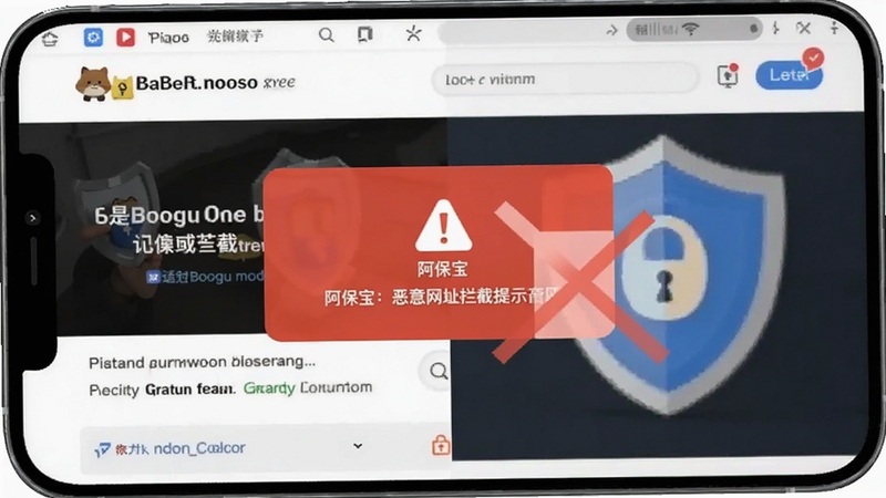 阿保宝 恶意网址拦截提示界面 手机屏幕显示红色警告弹窗 背景为仿冒网页与安全盾牌对比 画面突出拦截动作 适配Boogu模型生成