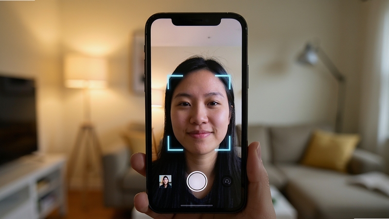 faceIC实时预览功能示意图,画面中手机摄像头正对人物面部,屏幕实时显示识别框和预览效果,背景为室内环境,光线柔和,突出实时交互的科技感