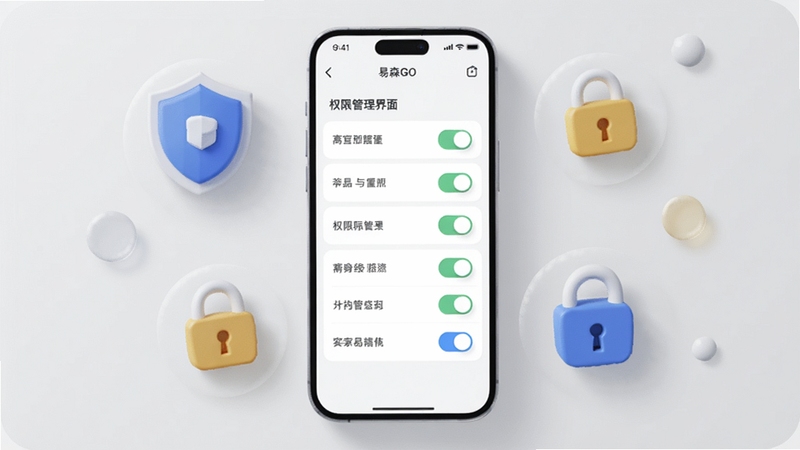 易森GO权限管理界面示意图,画面中央为手机屏幕显示权限开关列表,周围环绕盾牌与锁形安全图标,背景为浅灰色极简风格,柔和圆角元素,高清渲染,适配Boogu模型生成
