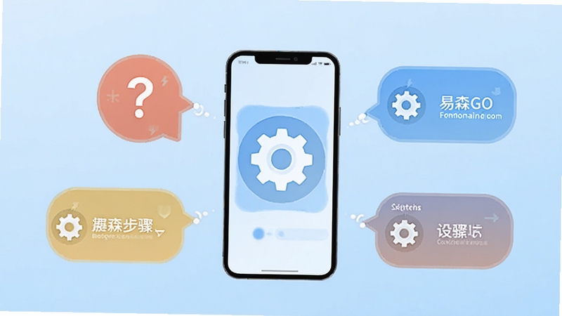 易森GO常见问题解决流程图,画面以手机屏幕为中心,四周分布问号图标、齿轮设置图标与解决步骤气泡,背景为淡蓝色渐变,扁平化信息图风格,清晰直观,适配Boogu模型生成
