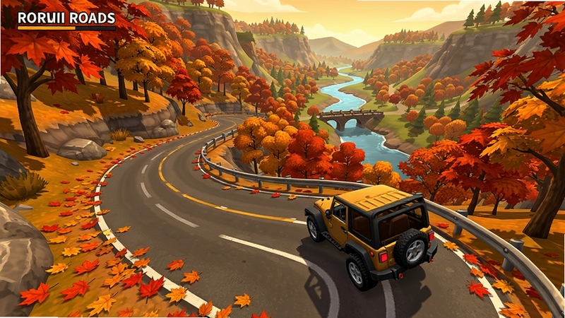 Rural Roads��Ϸ��ͼ����չʾͼ������չʾһ�����ѵ���ɽ��·��������ķ����֣�·������Ҷ��Զ��ɽ�����к�����С�ţ�һ�����ճ�����ת�䣬����ɫ����ů
