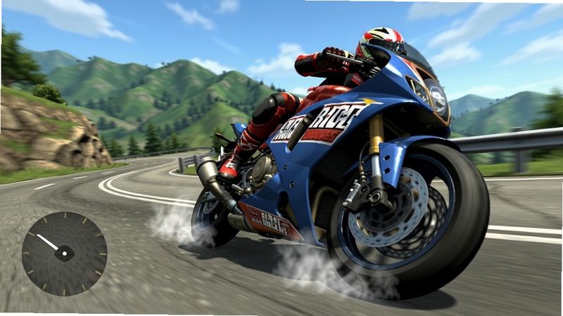 狂飙摩托驾驶游戏内摩托车在盘山公路压弯的特写画面,车身倾斜角度明显,轮胎与地面接触处有轻微摩擦烟雾,背景为青山与蓝天,画面强调速度感与物理反馈,适配Boogu模型生成