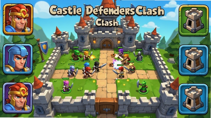 Castle Defenders Clash 游戏主界面展示,卡通城堡背景,左右两侧排列英雄头像与防御塔图标,中央战场正在交战,色彩明亮,细节清晰