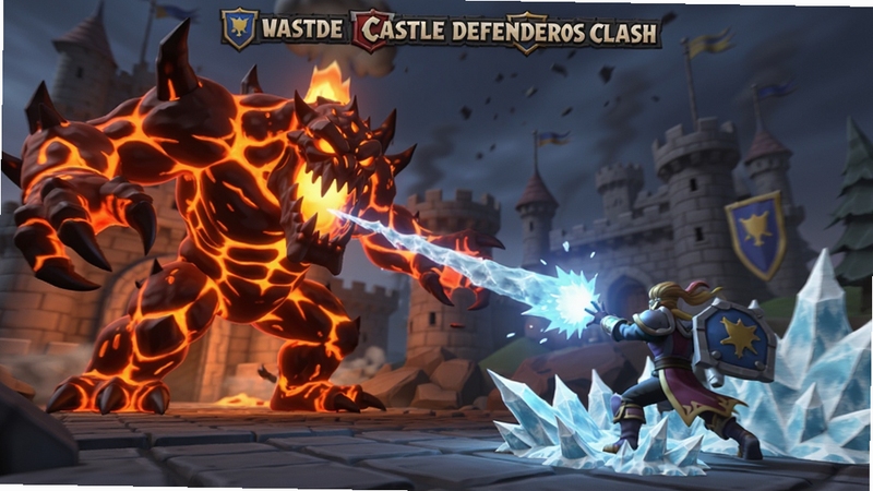 Castle Defenders Clash 中Boss战场景,巨大熔岩巨兽正在攻击城堡,玩家英雄释放冰冻法术,画面动感,特效华丽