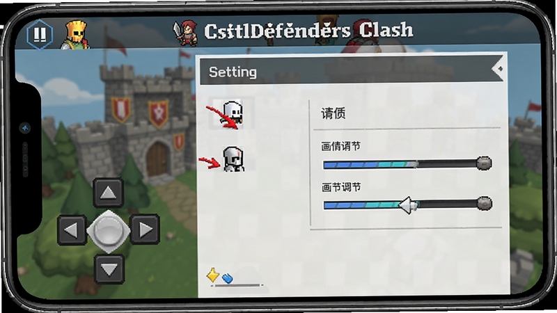 Castle Defenders Clash 手机端操作界面截图,展示设置菜单与画质调节选项,界面简洁,标注清晰