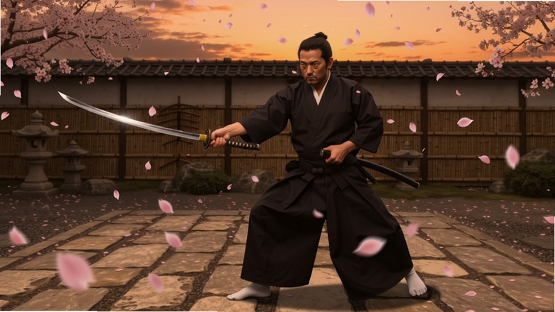 画面中央一位身着深色武士服的武德武士手持打刀摆出居合起手式,背景为黄昏时分的日式道场庭院,四周飘落樱花,地面有斑驳石板与竹篱笆,整体色调偏暖,构图突出人物动感与刀光轨迹,适配Boogu模型生成