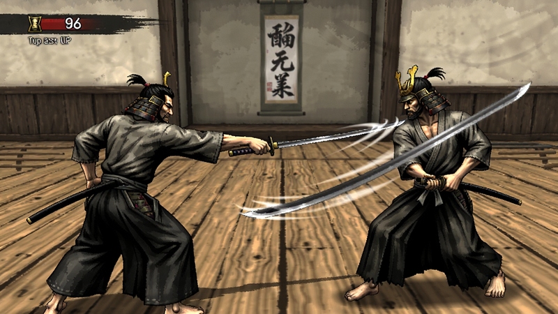 武德武士游戏截图风格,两名武士在道场中央对峙,一人持刀突刺,另一人侧身闪避,刀光与残影效果明显,画面带有水墨渲染质感,背景有木质地板的纹理细节