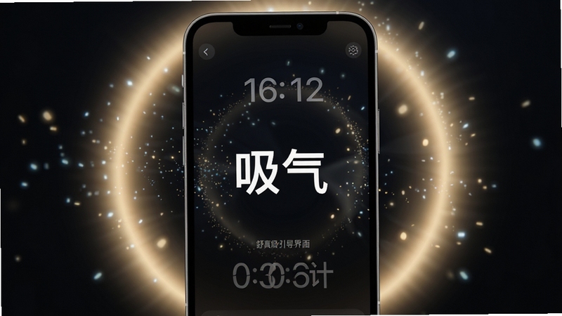 舒真通元 呼吸引导界面 手机屏幕 圆形光晕扩散动画 数字倒计时 极简深色模式 中心文字“吸气” 背景微光粒子 高清APP截图