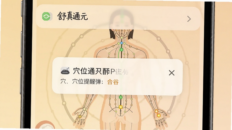 舒真通元 穴位提醒弹窗 手机通知栏 人体经络示意图 高亮标注合谷穴 柔和暖色背景 文字说明卡片 扁平化插画风格