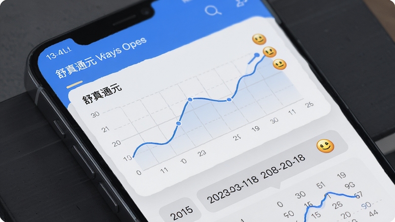舒真通元 数据记录页面 手机屏幕 折线图与表情符号 日期选择器 浅灰色卡片布局 蓝色数据线 极简数据可视化界面