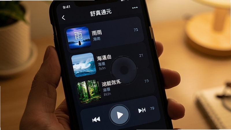 舒真通元 音频播放器界面 手机屏幕 播放列表 雨声 海浪 森林音效 圆形播放按钮 深色主题 舒适视觉