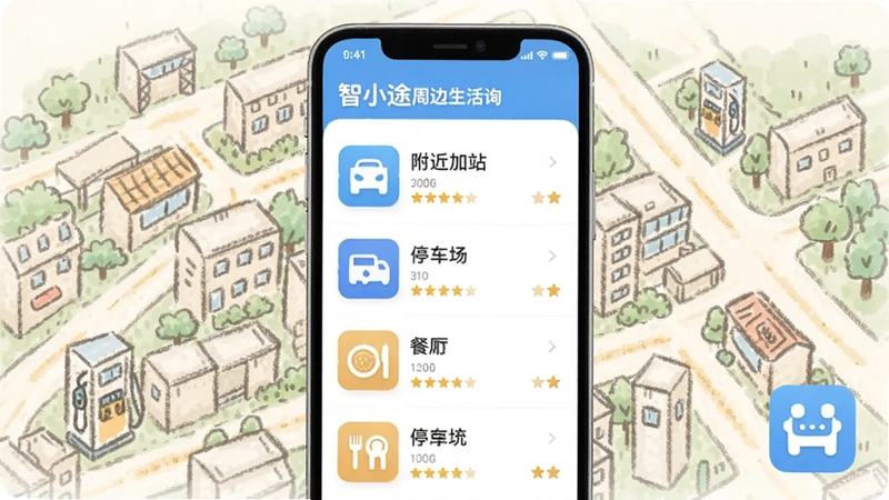 ��С;�ܱ������ѯ���棬�ֻ���Ļչʾ��������վ��ͣ����������б���ÿ����Ŀ���о��������֣�����Ϊ�ֻ�����н�����ͼ��ɫ����ͣ������а�����С;Ӧ��ͼ��