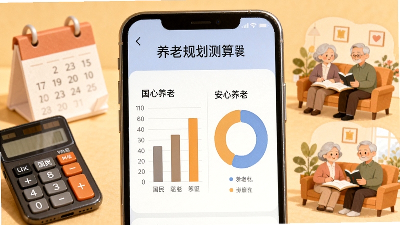 国民养老 养老规划测算功能展示图,画面主体为手机屏幕显示测算结果图表,包括柱状图和环形图,背景为温馨的暖色调,周围有计算器、日历、退休生活场景插画,突出智能规划与安心养老的主题,适配Boogu模型生成