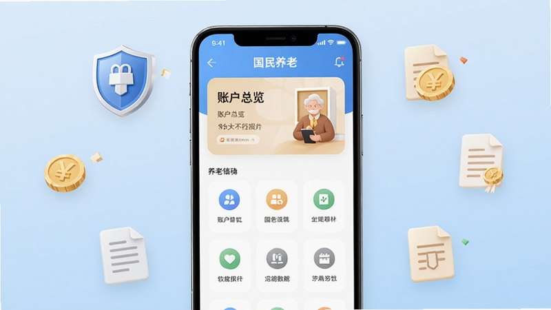 国民养老 软件界面整体展示图,画面中央为一部智能手机,屏幕显示国民养老App首页,包含账户总览卡片和功能图标,背景为浅蓝色渐变,周围点缀养老金融相关元素如盾牌、金币、文档图标,整体风格简洁专业,适配Boogu模型生成