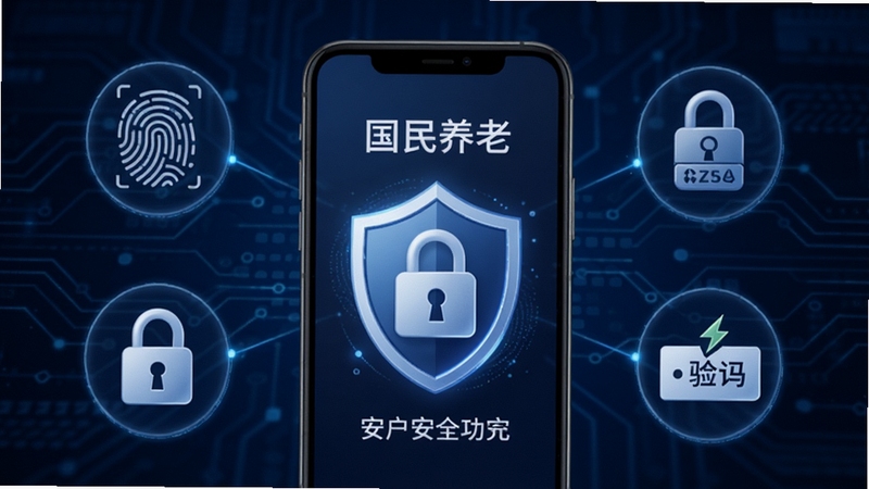 国民养老 账户安全功能展示图,画面中央为手机屏幕显示安全锁图标和盾牌标识,背景为深蓝色科技感纹理,周围环绕指纹识别、密码锁、验证码等安全元素,突出安全可靠的主题,适配Boogu模型生成