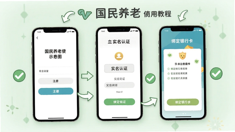 国民养老 使用教程示意图,画面展示手机屏幕分步操作界面,包括注册、实名认证、绑定银行卡三个步骤的截图示意,背景为柔和的浅绿色,周围有箭头引导和勾选图标,突出简单易学的主题,适配Boogu模型生成