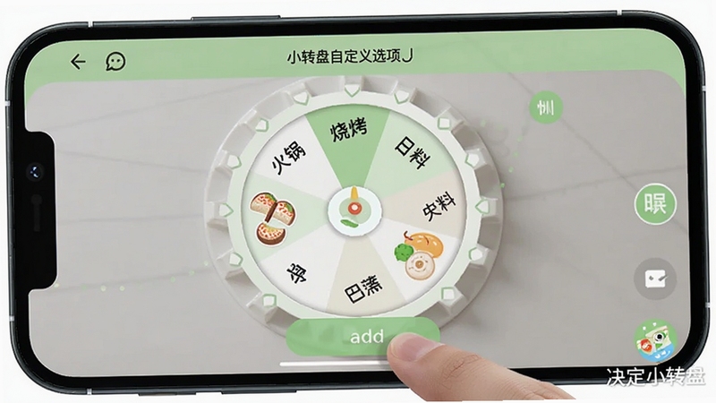 ����Сת���Զ���ѡ����棬�ֻ���Ļ����ʾһ�����ڱ༭��ת�̣�ѡ�������������տ������ϵ������ɼ�����ָ���ڵ�����Ӱ�ť��������ɫ�԰�ɫ��ǳ��ɫΪ����ͻ���༭���ܣ�������ɾ����䣬�������ƾ���Сת����ˮӡ��ʽ�����ڽ��䣬��������Booguģ������