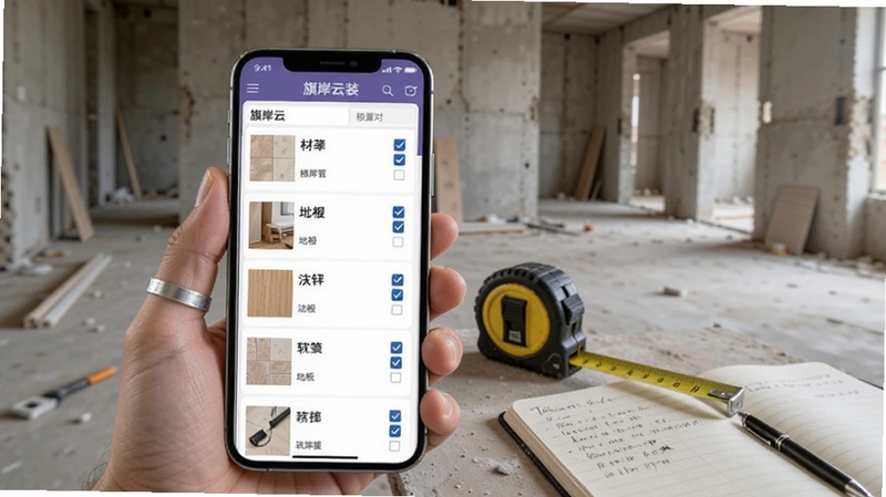 旗岸云装材料核对界面,画面主体为手机屏幕显示瓷砖、地板、涂料等材料列表与勾选框,旁边放置卷尺与笔记本,背景为毛坯房墙面,整体写实风格,屏幕内可见旗岸云装应用名称