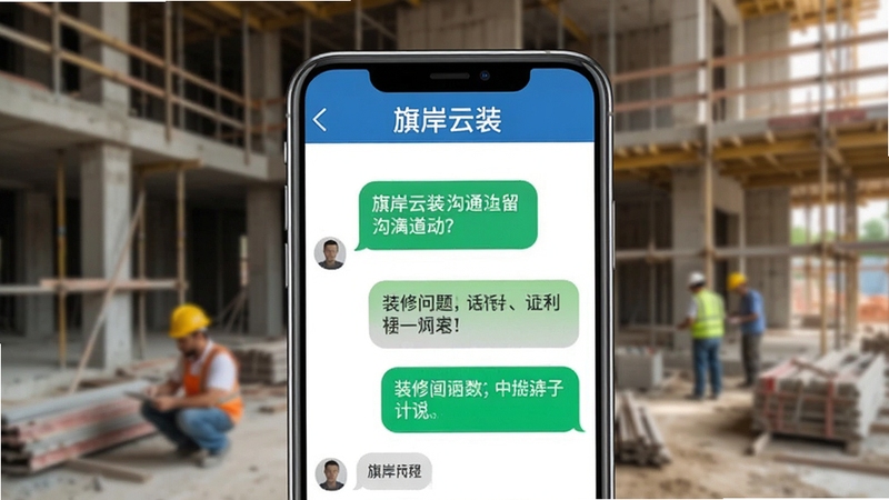 旗岸云装沟通留言界面,画面中央为手机屏幕显示对话气泡与装修问题讨论,背景为模糊的工地场景,屏幕上方有旗岸云装标题栏,整体风格清晰易读