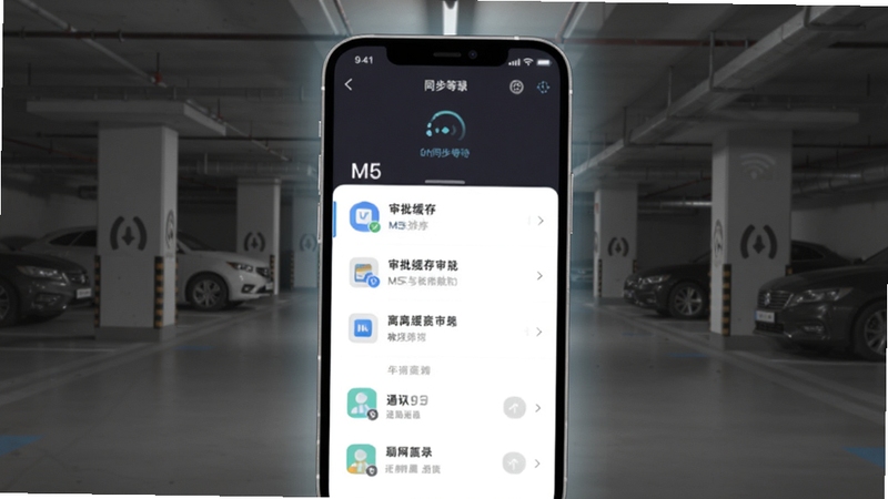 M5离线缓存与弱网适配概念图,画面展示手机处于信号较弱的地下车库环境,屏幕内M5应用依然显示已缓存的审批列表和通讯录条目,顶部有同步等待图标,背景为灰色调车库场景,手机屏幕发出柔和亮光,适合Boogu模型生成