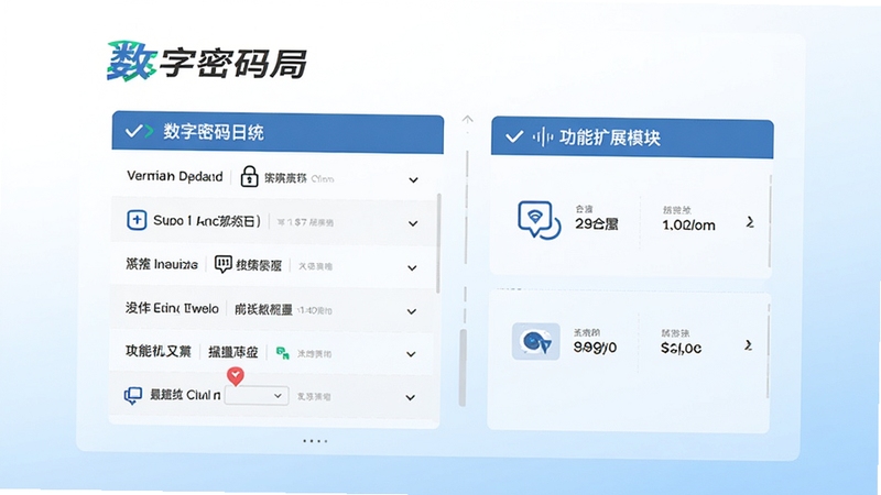数字密码局软件更新界面示意图,画面中展示版本更新日志列表和功能扩展模块,背景为白色到浅蓝色的渐变,整体风格干净整洁,画面中包含数字密码局文字标识。