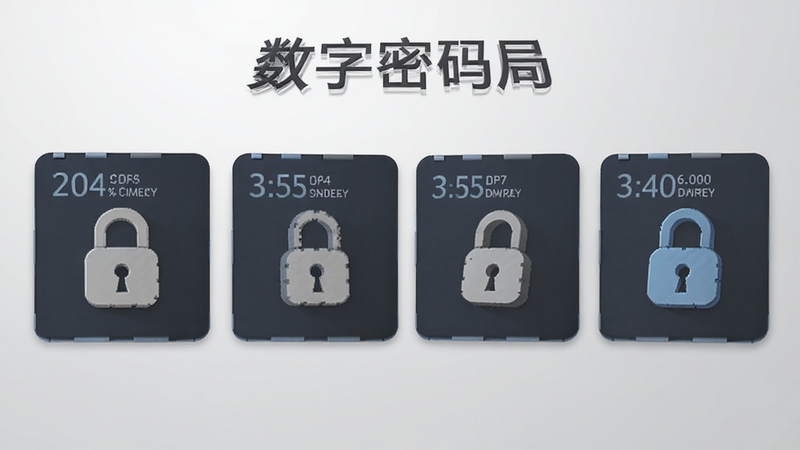 数字密码局软件功能展示图,画面中显示多个数字密码解析模块并列排布,每个模块配有对应的数字和锁形图标,背景为浅灰色渐变,整体风格清爽简约,突出软件名称数字密码局。