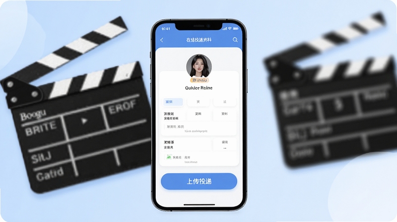 抓马选角APP在线投递资料功能界面,画面主体为手机屏幕展示个人档案编辑页面,背景区域为柔和的浅蓝色渐变与影视场记板元素,突出资料上传与投递按钮,适配Boogu模型生成