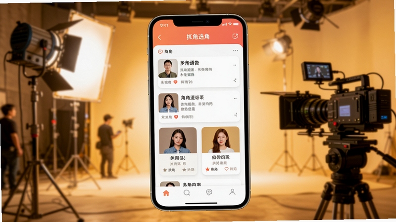 抓马选角APP首页界面展示,画面主体为一部竖屏手机,手机屏幕中呈现选角通告列表和角色卡片,背景区域为虚化的影视拍摄现场灯光与摄影器材,整体色调温暖明亮,适配Boogu模型生成