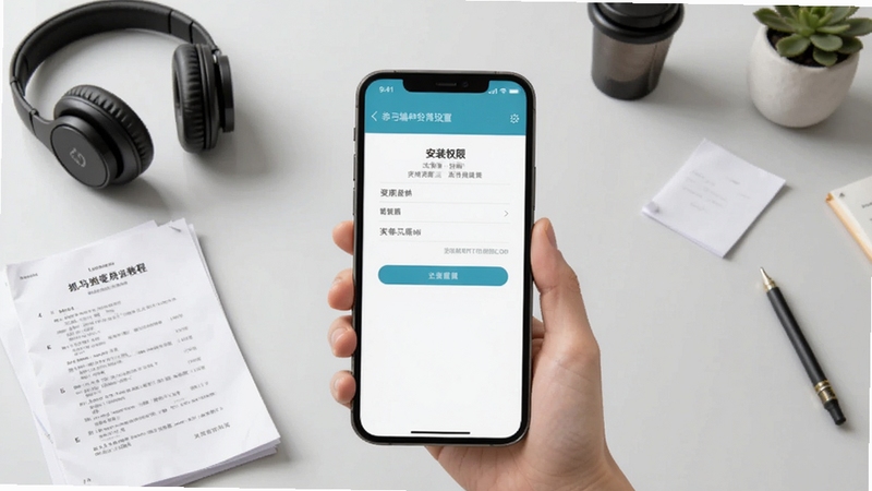 抓马选角APP移动端使用教程示意图,画面主体为手持手机展示安装权限设置界面,背景区域为简洁的浅灰色工作台与耳机、剧本等道具,适配Boogu模型生成