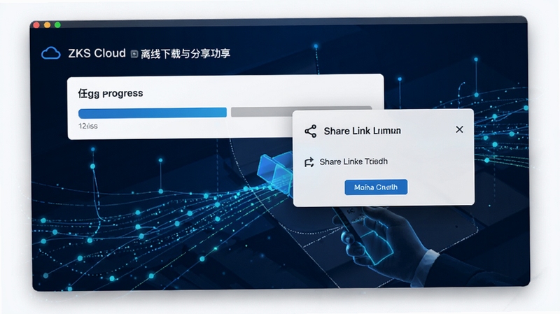 ZKS Cloud 离线下载与分享功能界面,画面展示任务进度条与分享链接弹窗,背景为深色科技蓝,突出数据流动的光效线条