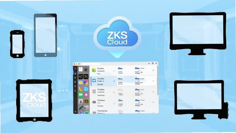 ZKS Cloud 软件主界面全貌展示,画面中央为悬浮式云朵图标与文件列表,背景为浅蓝色渐变科技感空间,四周分布手机、平板、电脑设备轮廓,整体风格简洁明亮,适配 Boogu 模型生成