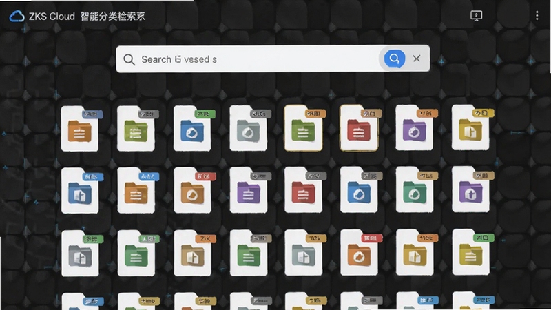 ZKS Cloud 智能分类检索界面,画面中心为搜索框与文件类型图标矩阵,背景为深灰色网格纹理,文件图标带有彩色标签,体现科技感与秩序感
