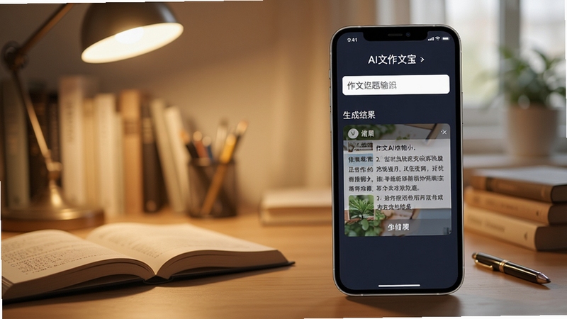AI作文宝 智能生成范文功能展示界面,手机屏幕中显示作文题目输入框和生成结果,背景为书房书桌场景,柔和暖色灯光,高清细节