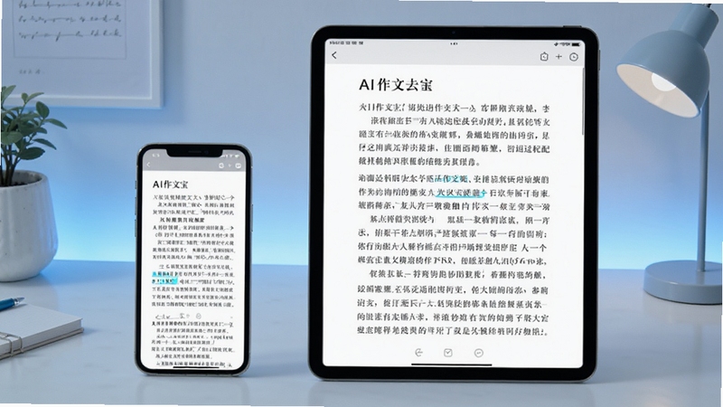 AI作文宝 多端适配展示图,一部手机和平板并排显示同一作文界面,背景为简约书桌,浅蓝色调,科技感与学习氛围结合