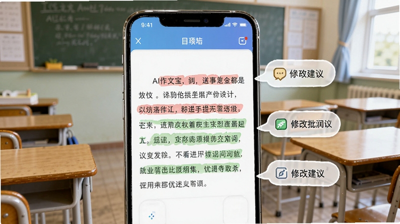 AI作文宝 逐句批改润色界面,手机屏幕显示作文段落被红色和绿色标注,旁边有修改建议气泡,背景为教室课桌场景,明亮清新