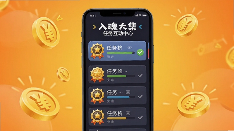 入魂大集任务互动中心界面,画面中央为手机屏幕显示任务列表与进度徽章,背景区域为活泼的橙黄色渐变与悬浮的金币图标,整体氛围轻松愉快,体现互动乐趣