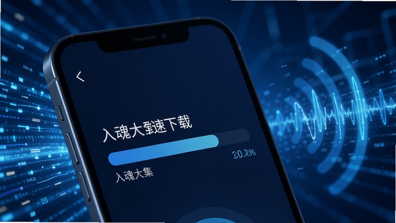 入魂大集极速下载功能界面特写,画面中央为手机屏幕显示下载进度条与速度数值,背景区域为动态的数据流线条与信号波纹,突出高速传输的科技氛围,整体色调为冷静的蓝色系