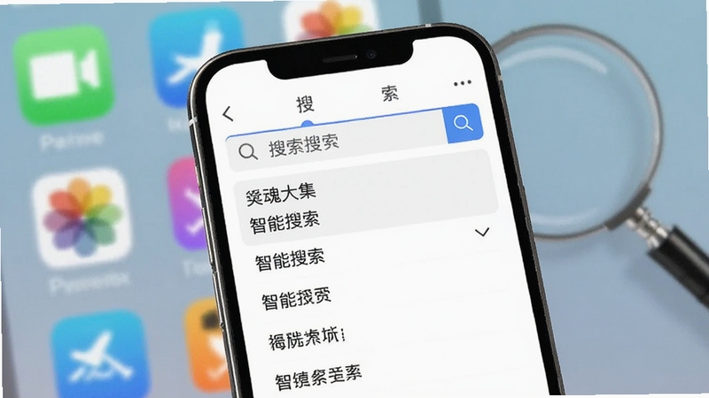 入魂大集智能搜索界面展示,画面主体为手机屏幕中的搜索框与下拉联想词列表,背景区域为虚化的应用图标与放大镜元素,整体风格清爽简洁,突出搜索的便捷性