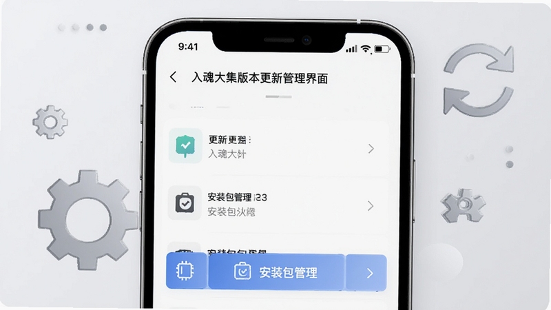 入魂大集版本更新管理界面,画面主体为手机屏幕显示更新列表与安装包管理选项,背景区域为淡灰色极简风格,带有齿轮与刷新箭头元素,突出管理功能的专业感