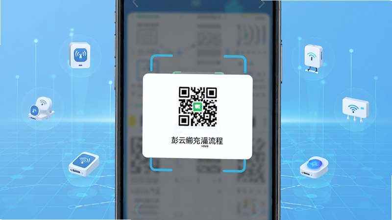 彭云物联安卓界面展示多协议设备接入流程,手机屏幕中央显示扫码绑定弹窗,背景为浅蓝色科技感网格与漂浮的设备图标,整体风格简洁明快