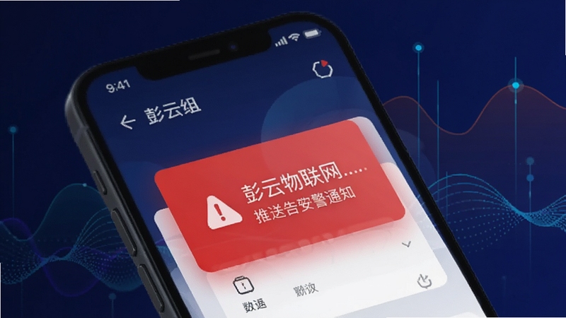彭云物联推送设备告警通知的手机界面,画面中手机屏幕亮起红色告警卡片,背景为深色渐变与数据波纹,突出安全提醒氛围