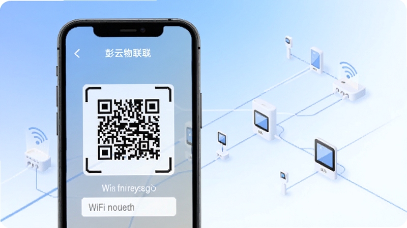 彭云物联添加设备引导页面,手机屏幕显示扫码框与WiFi输入区域,背景为柔和的蓝白渐变与设备连线插画