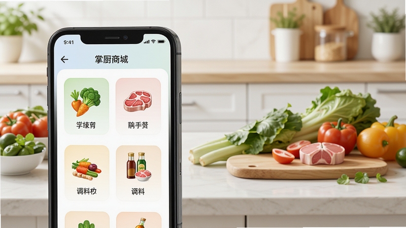掌厨商城APP商品分类页面展示,画面主体是手机屏幕上清晰的蔬菜、肉类、调料等分类图标,背景是整洁的厨房台面,摆放着新鲜食材,明亮清新的视觉风格,强调品类丰富与操作便捷